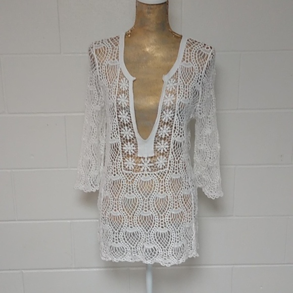 CB OPEN COTTON CROCHET, DEEP V, LONG TUNIC, BOHO COVER UP SWEATER - Picture 1 of 8